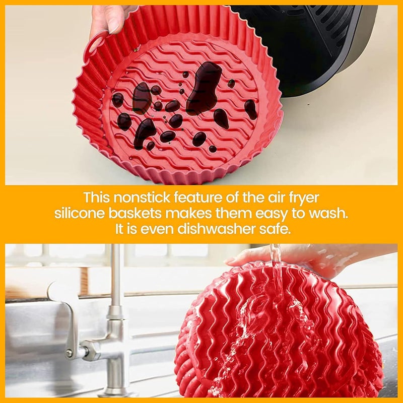 FROVEN 8.5 Inch Silicone Air Fryer Liners Round (2 Pack) Reusable Non-Stick Basket Inserts in Red – With Handles for Mess-Free Cooking – Compatible with Ninja, COSORI, Gowise USA & More Fryer Baskets - Image 5